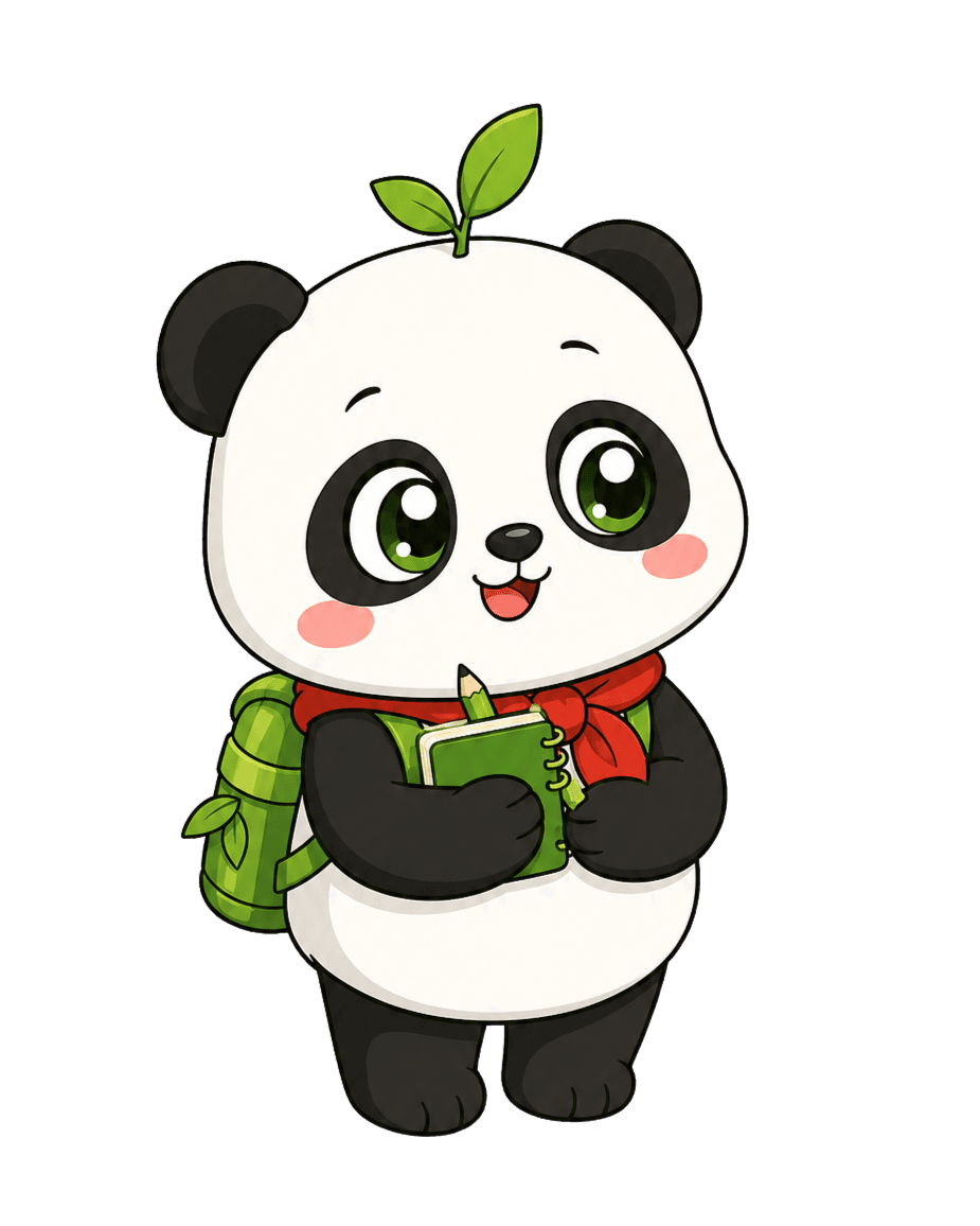 Puchi beginner student with a red scarf and bamboo backpack