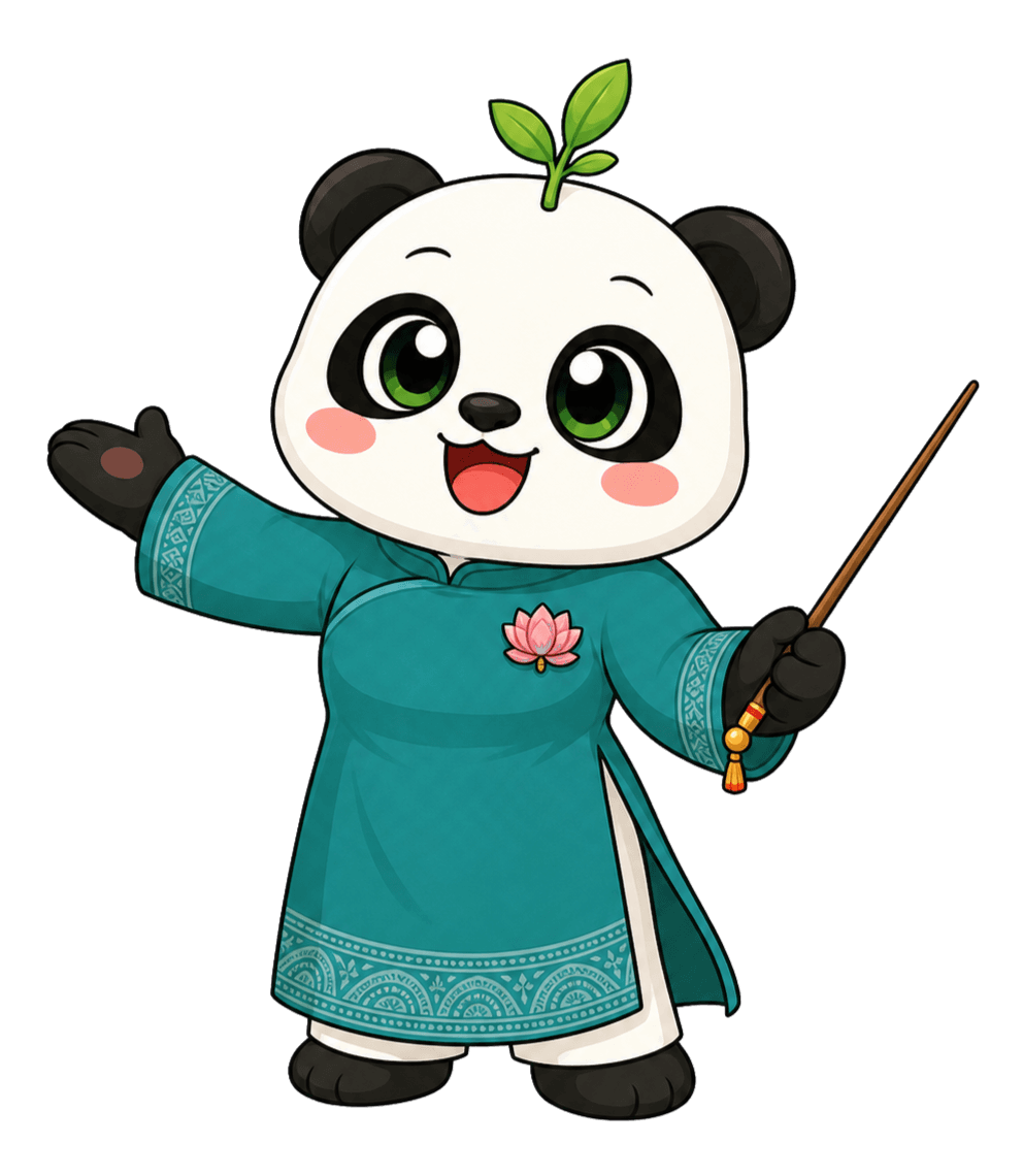 Puchi teacher in a teal áo dài with a teaching pointer