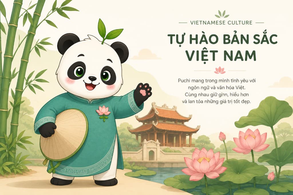Puchi mặc áo dài bên tre và sen — tự hào bản sắc Việt Nam
