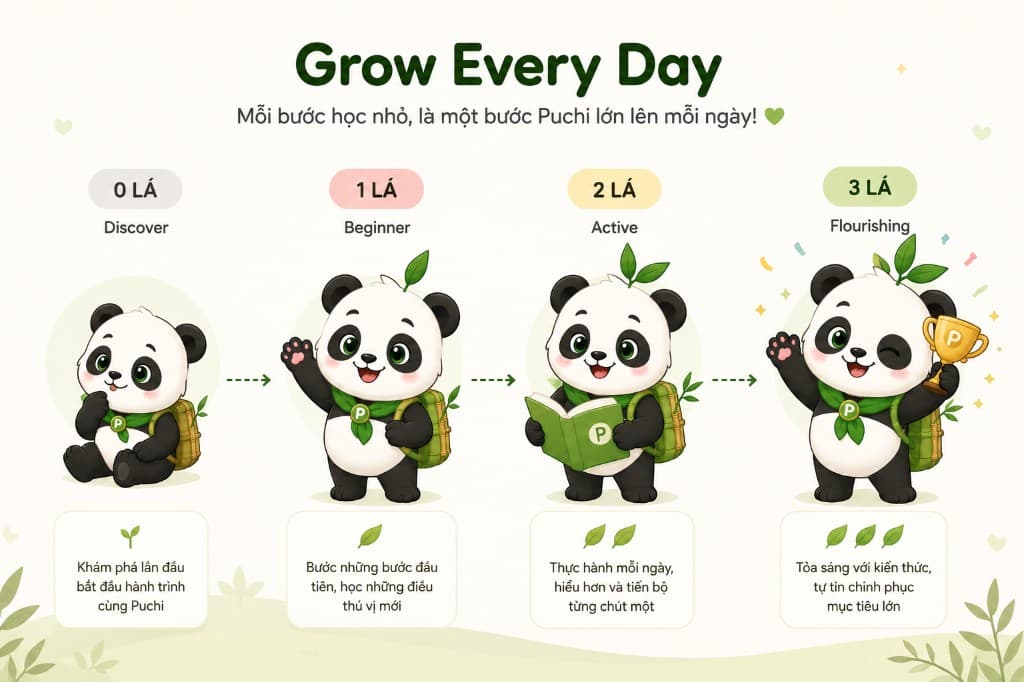 Lớn lên mỗi ngày — Puchi tiến bộ từ 0 đến 3 lá tre