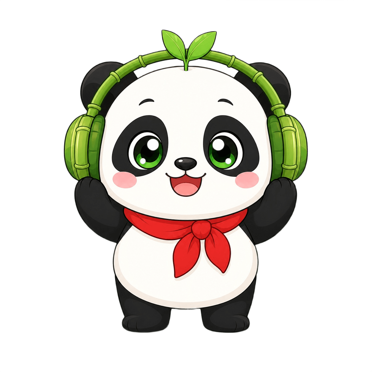 Puchi wearing bamboo headphones